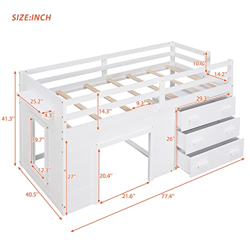 RORIGAT Twin Size Loft Bed with Storage Shelf and Cabinet, Wooden Low Loftbed Frame for Kids Boys Girls Bedroom Dorm, White