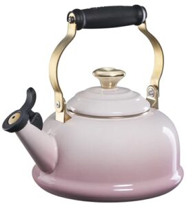 le creuset enamel on steel whistling tea kettle w/figural heart knob, shell pink