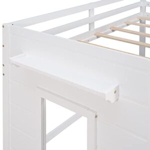 RORIGAT Twin Size Loft Bed with Storage Shelf and Cabinet, Wooden Low Loftbed Frame for Kids Boys Girls Bedroom Dorm, White