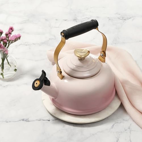 Le Creuset Enamel On Steel Whistling Tea Kettle w/Figural Heart Knob, Shell Pink