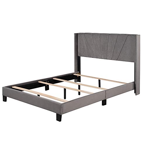 RORIGAT Queen Size Velvet Upholstered Platform Bed with Headboard and Strong Wooden Slats,Noise-Free,No Box Spring Needed,Gray