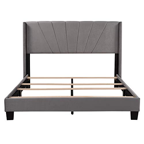 RORIGAT Queen Size Velvet Upholstered Platform Bed with Headboard and Strong Wooden Slats,Noise-Free,No Box Spring Needed,Gray