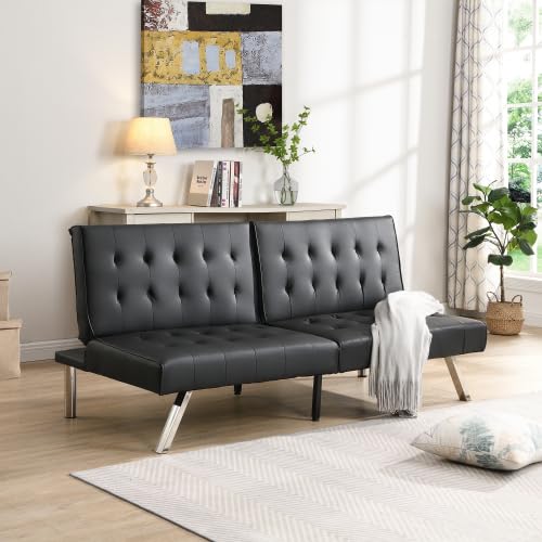 Convertible Futon Sofa Bed, Modern Faux Leather Sleeper Couch for Living Room,Guest Bed, Adjustable Backrest, Upholstered Recliner Chair, Loveseat for Compact Space Living Room Apartment (Black II)