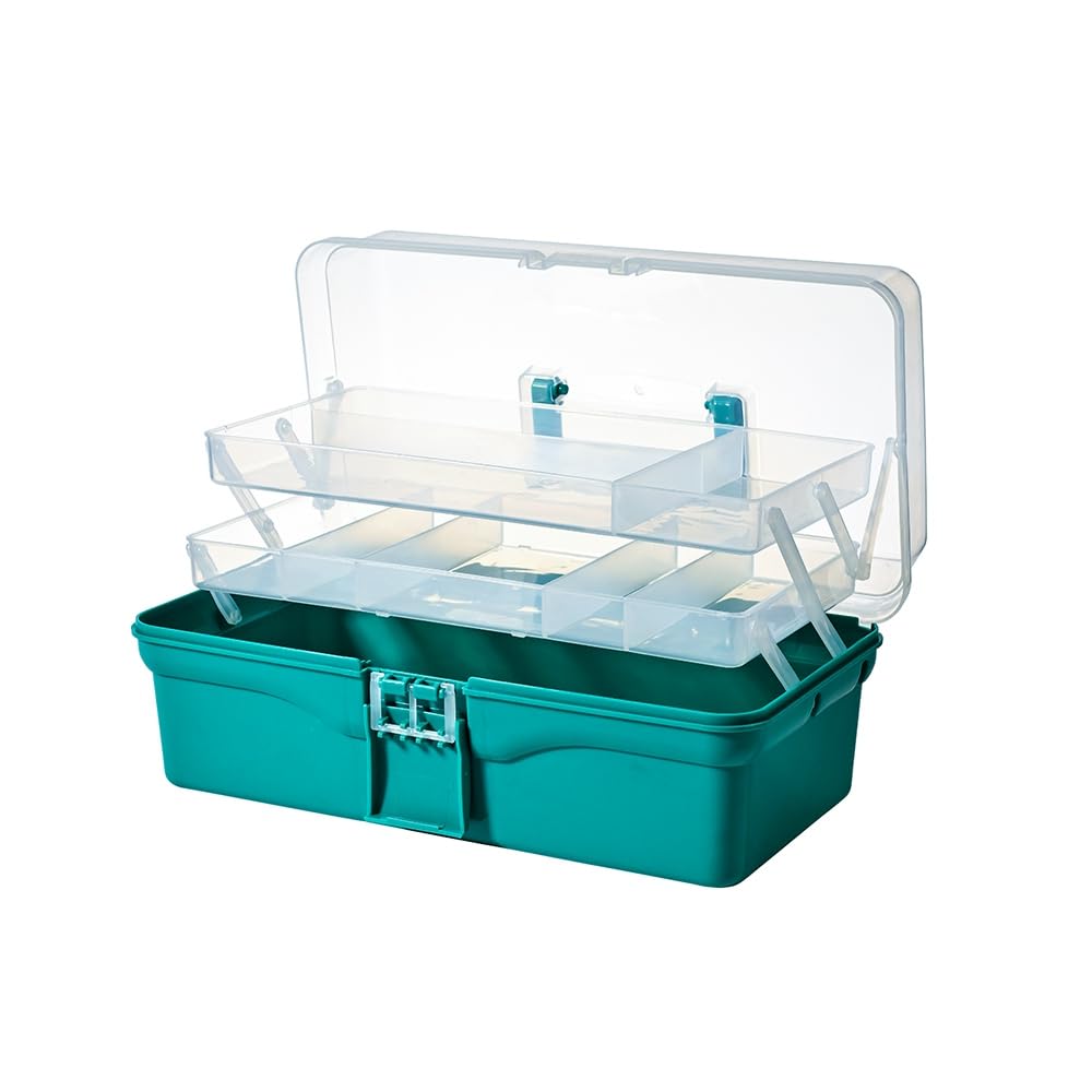 BangQiao 13.40 Inch 2-Tier Trays Clear Green Plastic Storage Container Organizer Box, Multipurpose Portable Carrying Case with Latch Lock and Handle for Art, Craft, Sewing Supplies, First Aid, Makeup