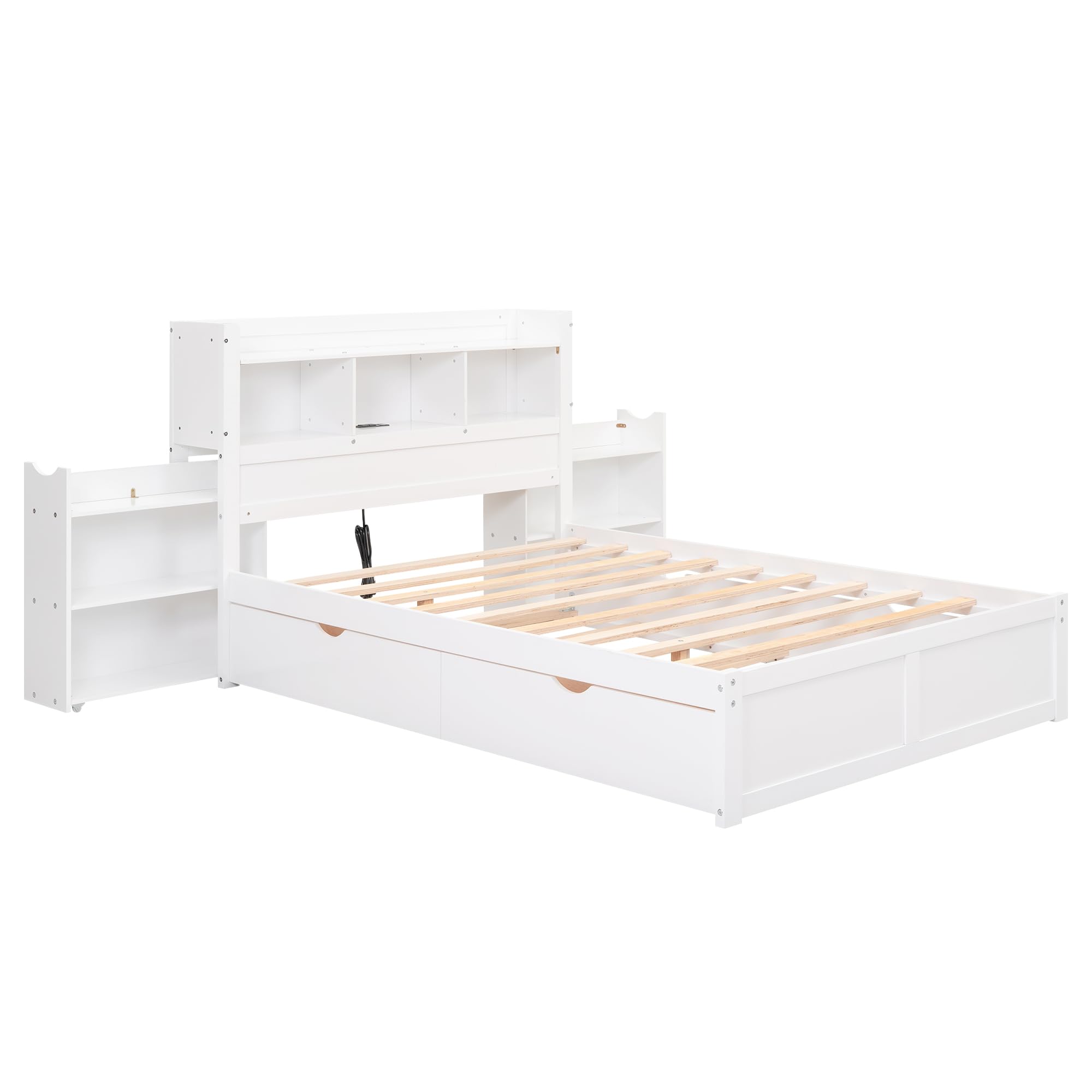 Full Storage Bed Frame with Twin Size Trundle,Bookcase Headboard and Charging Station,Wood Full Size Platform Bed with Pull Out Shelves and Drawers for Kids,Teens,Adults,Noise Free,White