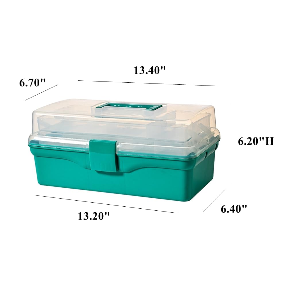 BangQiao 13.40 Inch 2-Tier Trays Clear Green Plastic Storage Container Organizer Box, Multipurpose Portable Carrying Case with Latch Lock and Handle for Art, Craft, Sewing Supplies, First Aid, Makeup