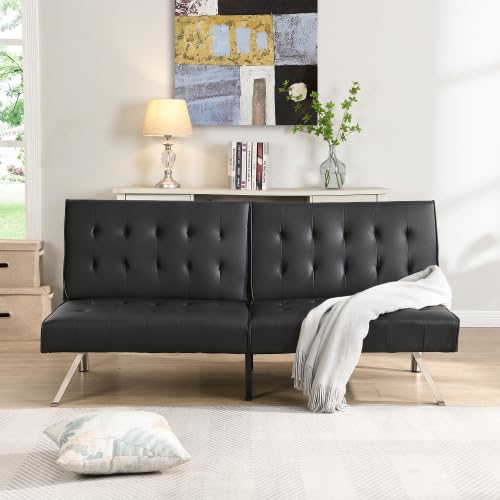 Convertible Futon Sofa Bed, Modern Faux Leather Sleeper Couch for Living Room,Guest Bed, Adjustable Backrest, Upholstered Recliner Chair, Loveseat for Compact Space Living Room Apartment (Black II)