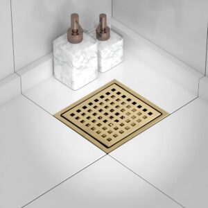 4 Inch Square Shower Drain, 304 Stainless Steel Shower Floor Drain Kit with Flange, Removable Grid Cover Hair Strainer, Golden Brushed Nickel for Bathroom, Garage, Laundry Room