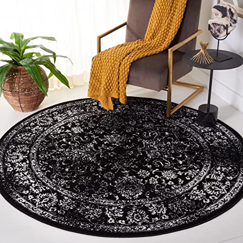 SAFAVIEH Adirondack Collection Area Rug - 4' Round, Black & Ivory, Oriental Distressed Design, Non-Shedding & Easy Care, Ideal for High Traffic Areas in Living Room, Bedroom, Dining (ADR109Z-4R)