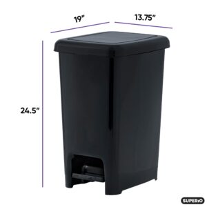 Superio Kitchen Trash Can, Slim Step On Garbage Can with Foot Pedal, 16 Gallon, 64 Qt. Large Black Heavy Duty Plastic Trash and Recycling Bin