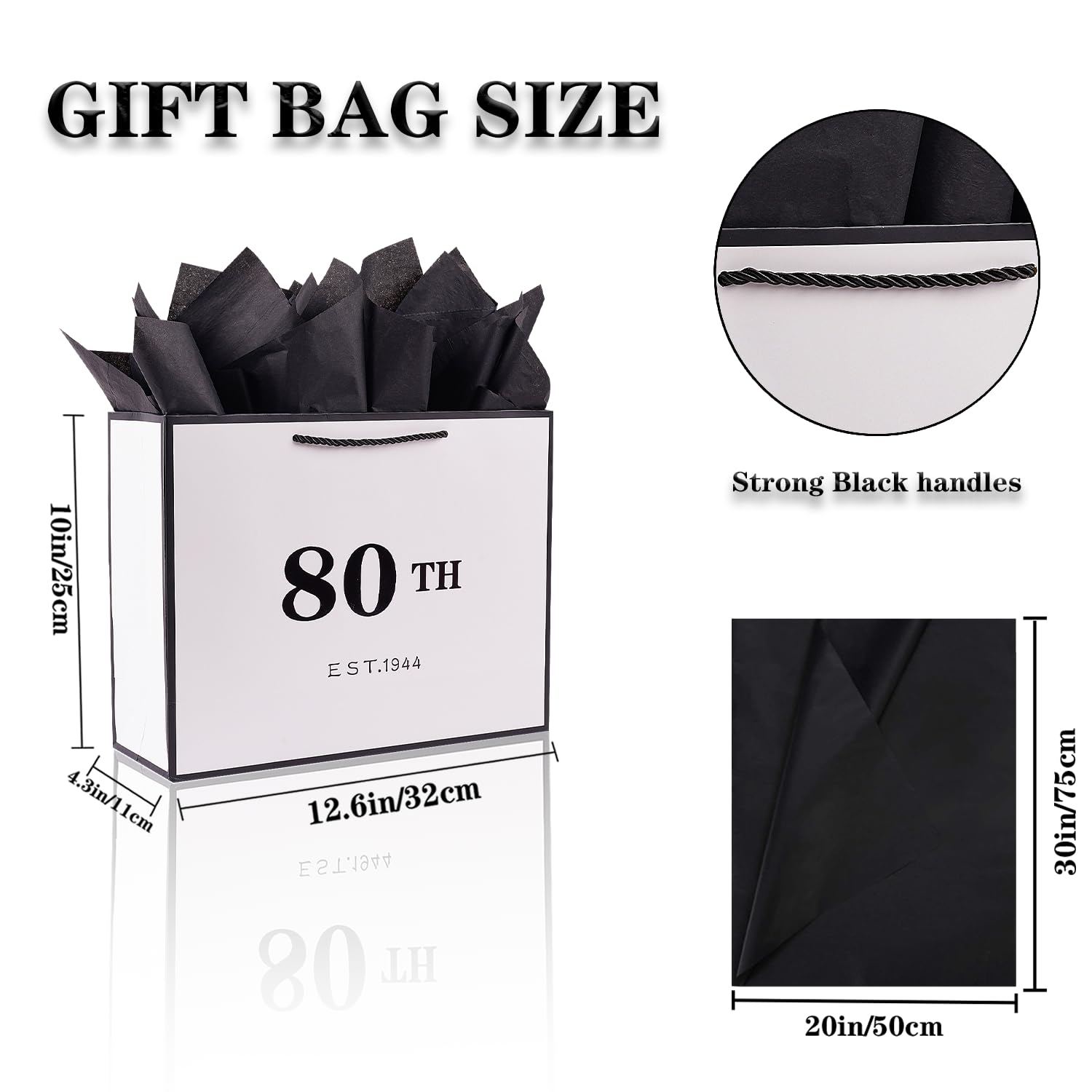 Jaywayang 80th Birthday White and Black Large Gift Bag with Card and Tissue Paper, Metallic Printing Keepsake Gift Vintage Bag for Men Women, 1944 Grandparents 80 Year Old Party Paper Bag for Gifts