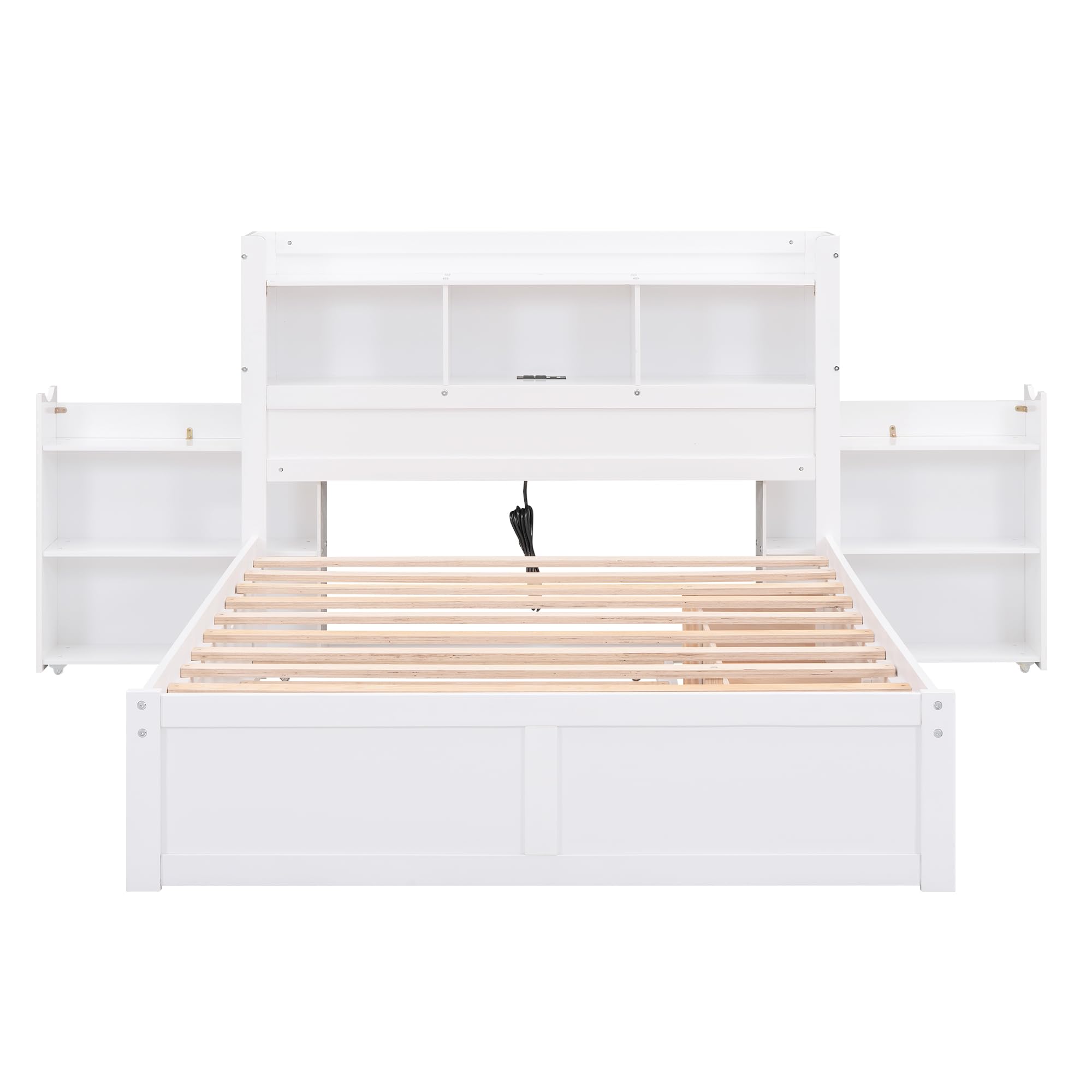 Full Storage Bed Frame with Twin Size Trundle,Bookcase Headboard and Charging Station,Wood Full Size Platform Bed with Pull Out Shelves and Drawers for Kids,Teens,Adults,Noise Free,White