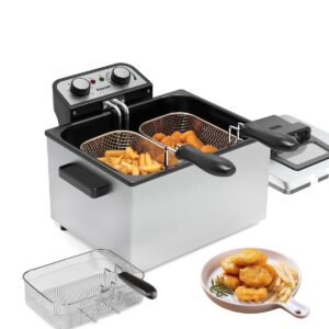 1800w 5 liters/21 cups large electric deep fryer with 3 frying baskets for home use, adjustable temperature,view window lid,countertop stainless steel body deep fryer pot,perfect for kitchen, fry fish