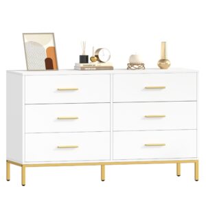 keehusux 6 drawer dresser for bedroom, chest of drawers with gold handles and legs, modern dresser with 6 drawers, wide tv dresser for living room, hallway, closet, white kes001wdg