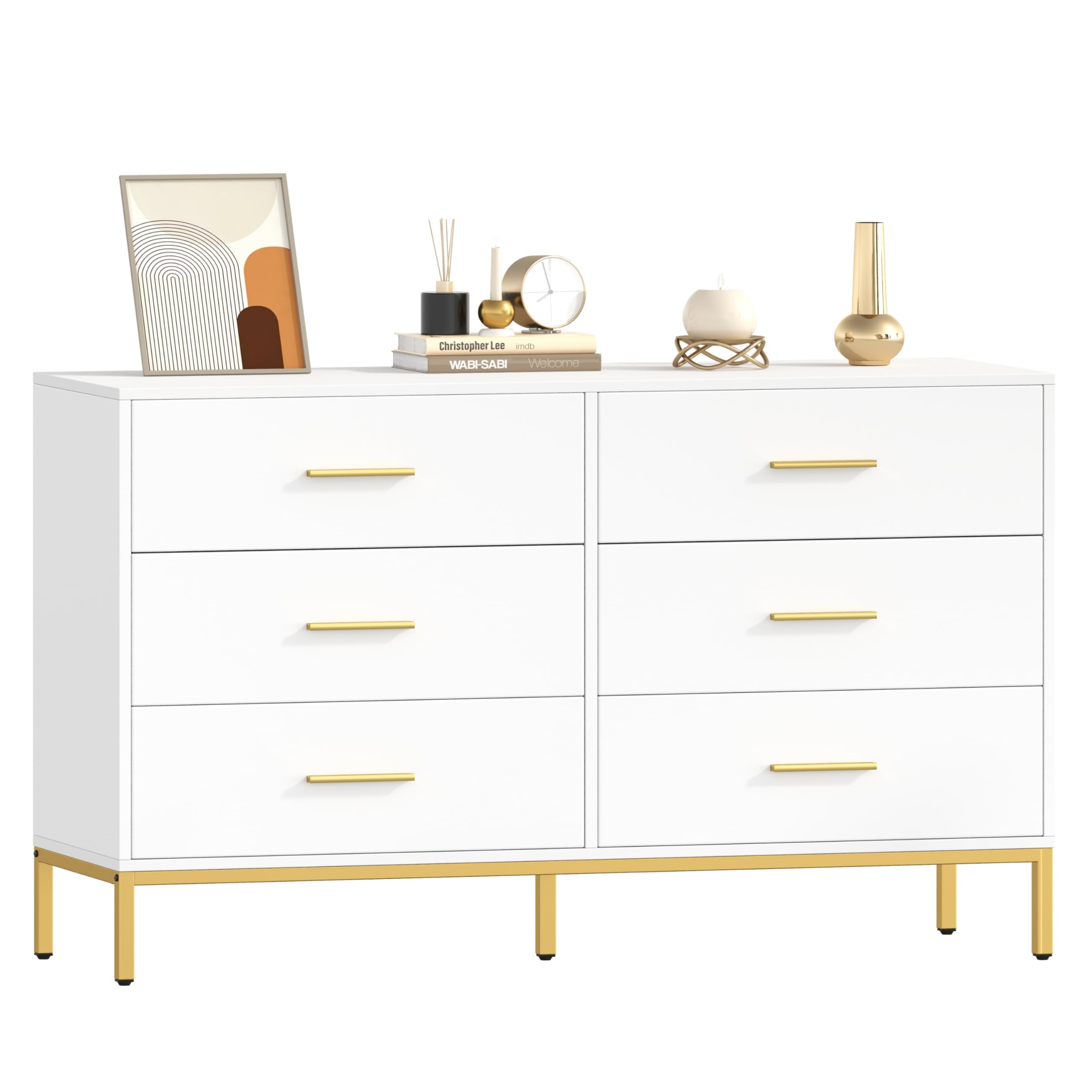 Keehusux 6 Drawer Dresser for Bedroom, Chest of Drawers with Gold Handles and Legs, Modern Dresser with 6 Drawers, Wide TV Dresser for Living Room, Hallway, Closet, White KES001WDG