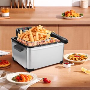 1800W 5 Liters/21 Cups Large Electric Deep Fryer with 3 Frying Baskets for Home Use, Adjustable Temperature,View Window Lid,Countertop Stainless Steel Body Deep Fryer Pot,Perfect for Kitchen, Fry Fish