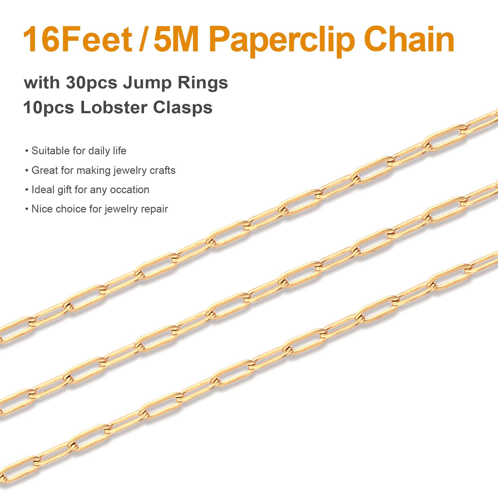 Kyutong 5M Gold Plated Necklace Chain for Jewelry Making 304 Stainless Steel Paperclip Chain Roll with Lobster Clasps and Jump Rings for Men Women Making Jewelry Craft Support Jewelry Findings