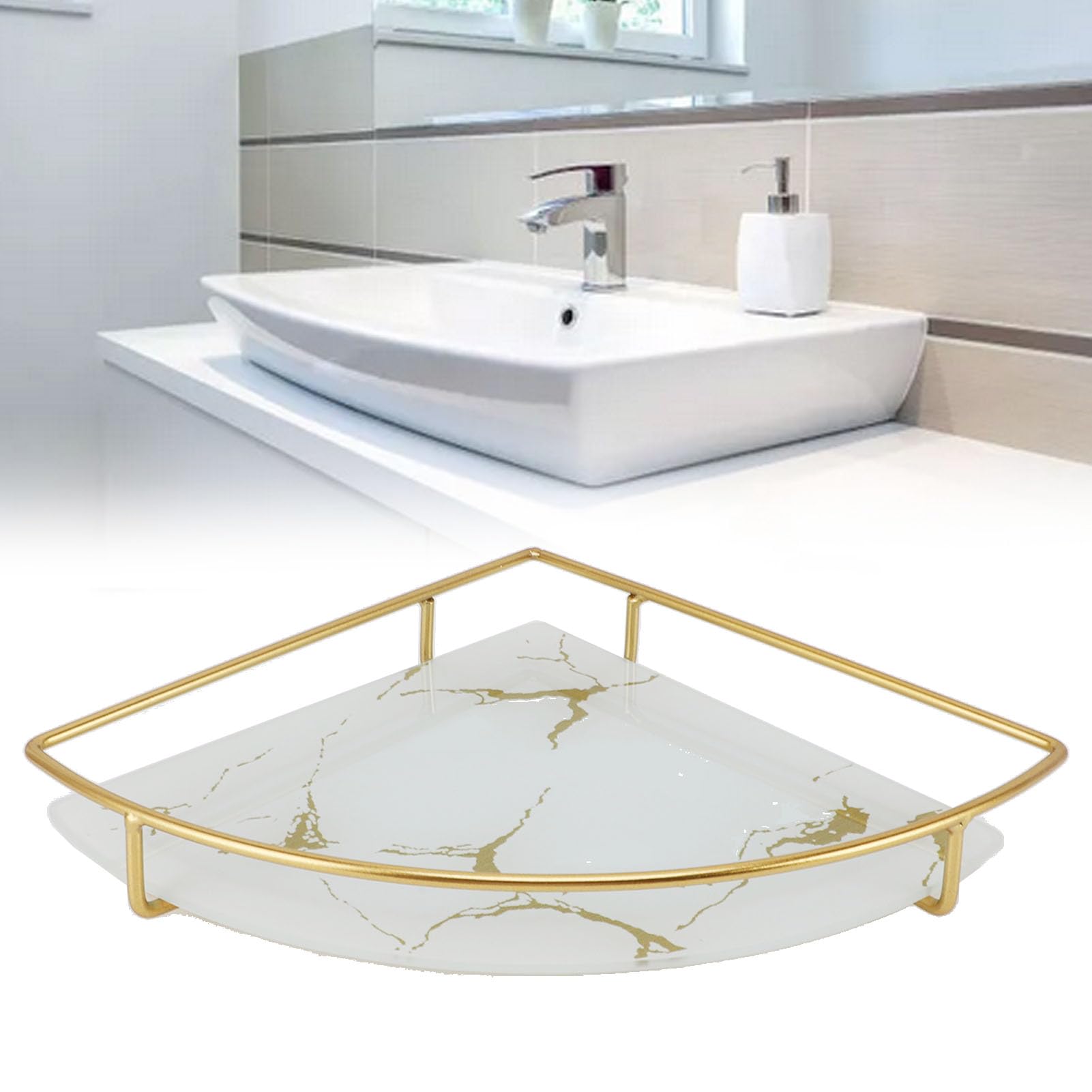 Bathroom Organiser Tray, Bathroom Storage Tray Light Luxury Decorative Golden Texture Corner Bathroom Tray Triangular Bathroom Organizer for Towel Paper Napkins Jewel (White)