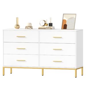 Keehusux 6 Drawer Dresser for Bedroom, Chest of Drawers with Gold Handles and Legs, Modern Dresser with 6 Drawers, Wide TV Dresser for Living Room, Hallway, Closet, White KES001WDG