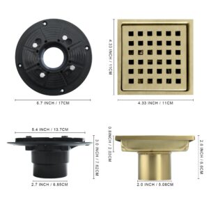 4 Inch Square Shower Drain, 304 Stainless Steel Shower Floor Drain Kit with Flange, Removable Grid Cover Hair Strainer, Golden Brushed Nickel for Bathroom, Garage, Laundry Room