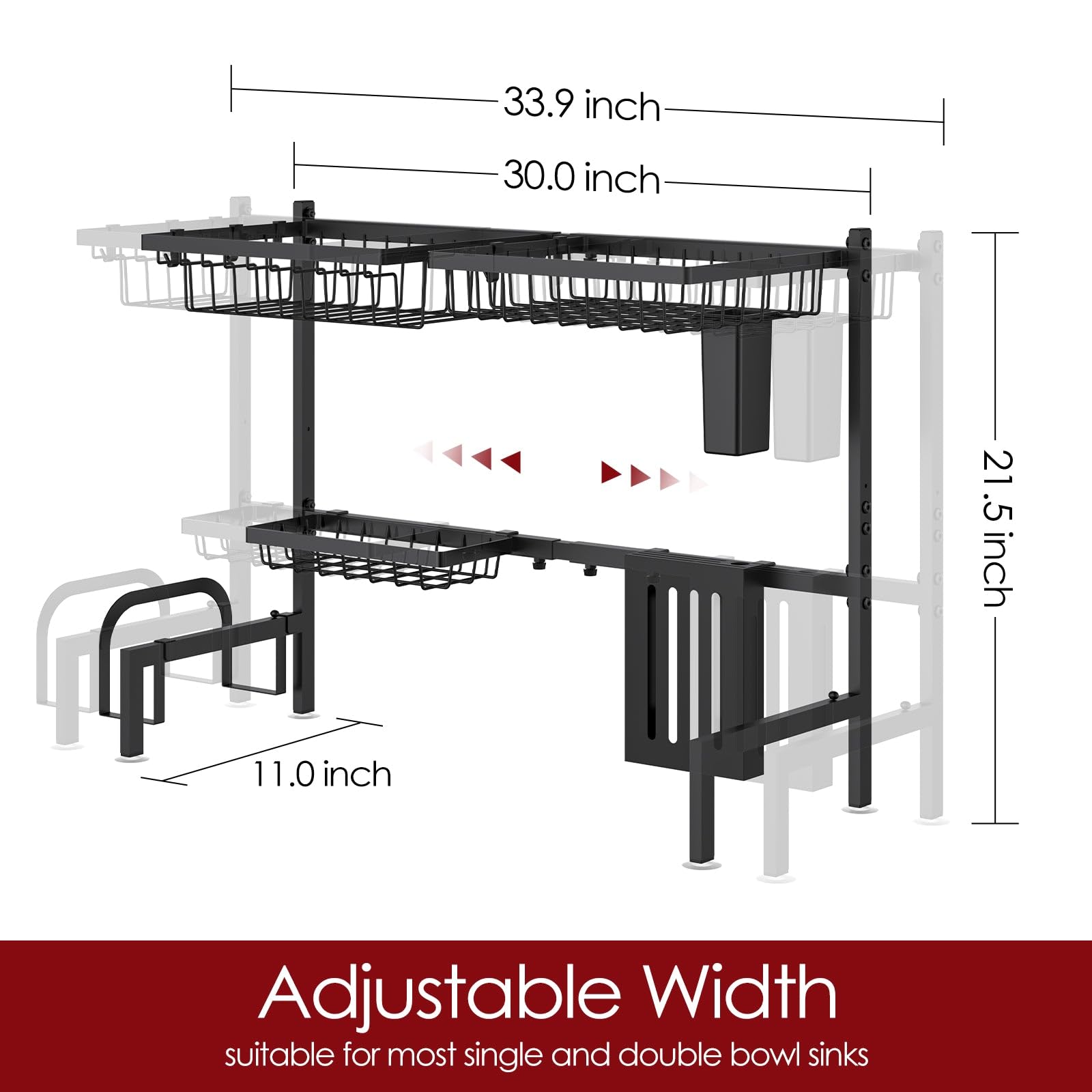 Sakugi Dish Drying Rack - Large Over The Sink Dish Drainer Drying Rack (30.0" to 33.9" W), Large Capacity Stainless Steel Dish Rack, Multifunctional Kitchen Organizers and Storage Rack, Black