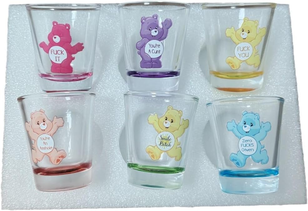 SIHPTO Swear Bears Shot Glasses 6-Pack Mini Glass Set，1.5 Ounces Swear Bears One Mouth Cup，Cocktail, Whiskey Six Colors Shot Glasses Set