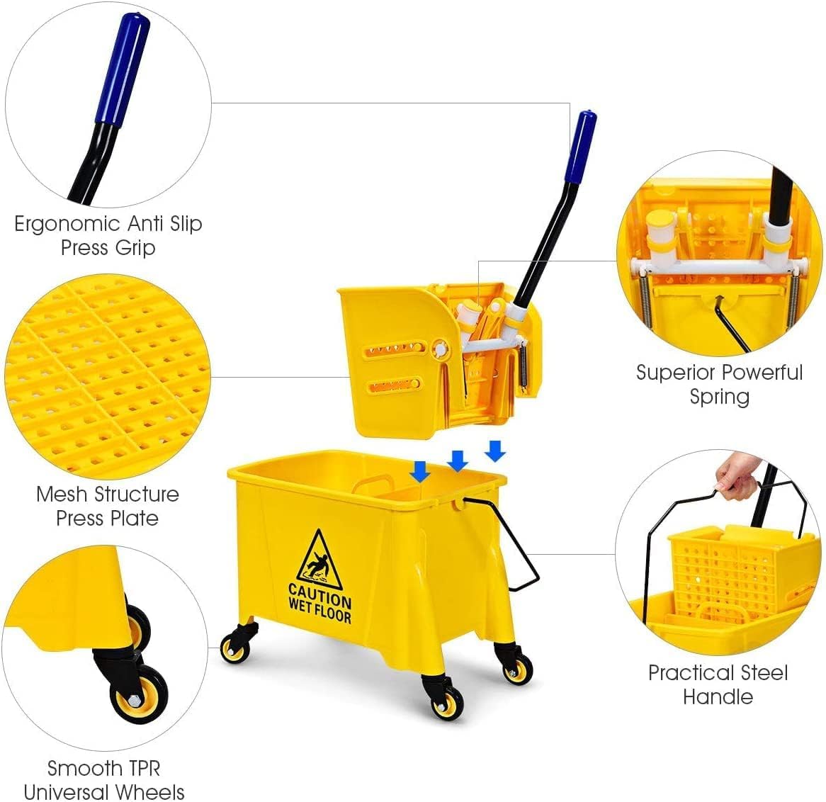 Byroce Commercial Mop Bucket on Wheels, Portable Mop Bucket with Side Press Wringer & Handle, Ideal for Household, Industrial Floor Cleaning, 21 Quar