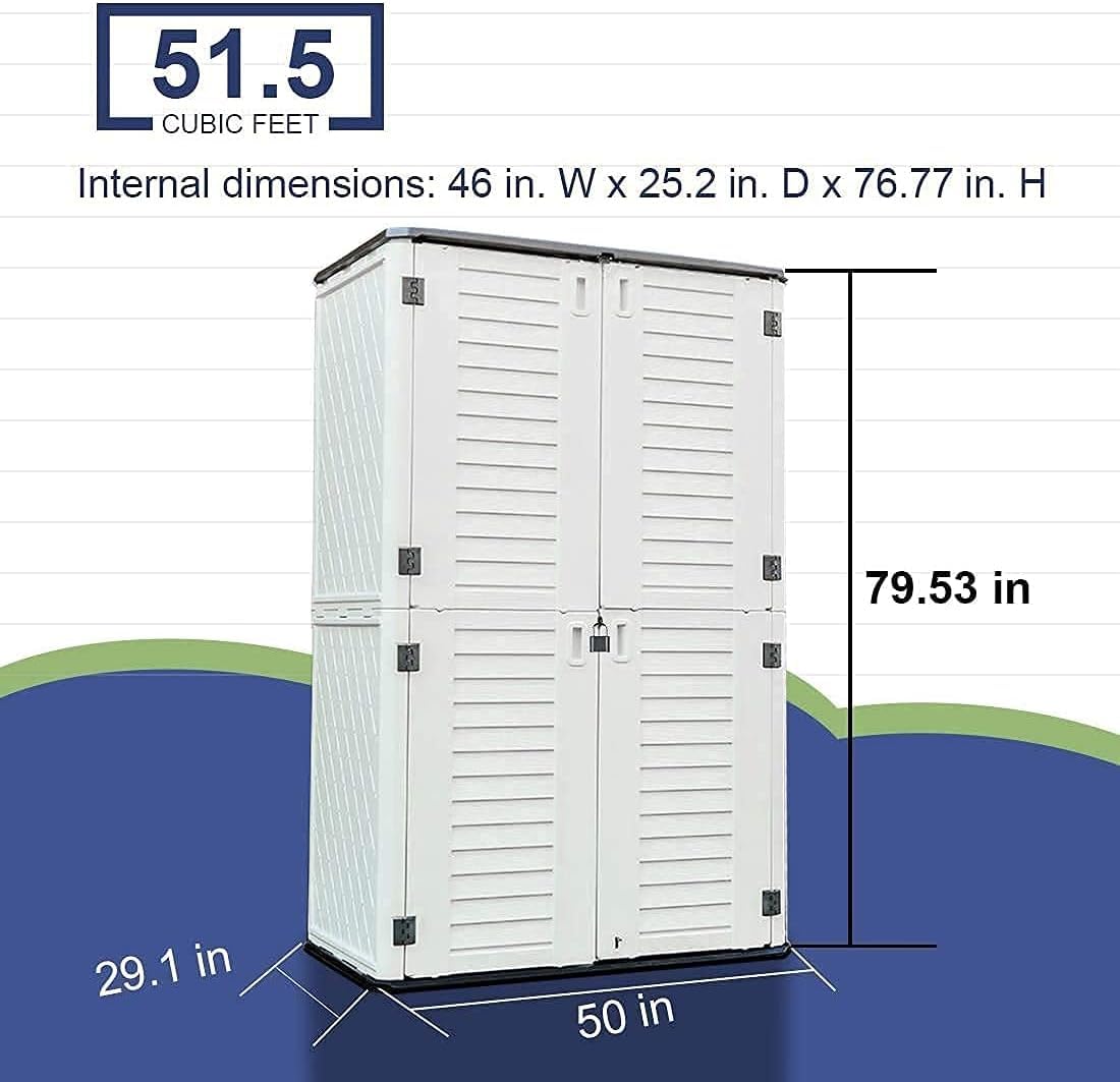 KINYING Outdoor Storage Cabinet Waterproof, Resin Vertical Outdoor Storage Shed for Patio Furniture, Garden Tools, Pool Accessories, Mower Storage (66 Cu.ft, Off White)