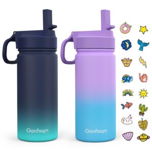 kids water bottle, 2-pack 16oz water bottles kids with straw and stickers, stainless steel vacuum double wall insulated cup, kids water bottle for school, gifts for boys and girls(blue/purple)