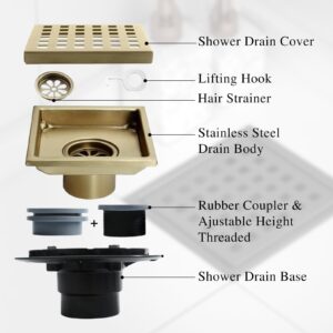 4 Inch Square Shower Drain, 304 Stainless Steel Shower Floor Drain Kit with Flange, Removable Grid Cover Hair Strainer, Golden Brushed Nickel for Bathroom, Garage, Laundry Room