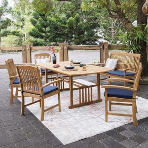 cambridge casual caterina teak wood 6-piece outdoor dining set with navy cushion