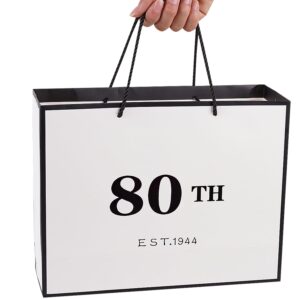 Jaywayang 80th Birthday White and Black Large Gift Bag with Card and Tissue Paper, Metallic Printing Keepsake Gift Vintage Bag for Men Women, 1944 Grandparents 80 Year Old Party Paper Bag for Gifts