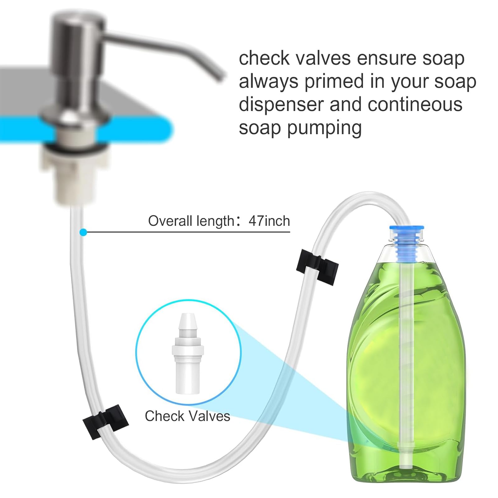 Soap Dispenser Conversion Extension Tube Kit with Check Valve, 47" Under Counter Soap Dispenser Hose for Kitchen Sink, Fit Most Soap Containers, Powerful Suction, Never Fill The Little Bottle Again