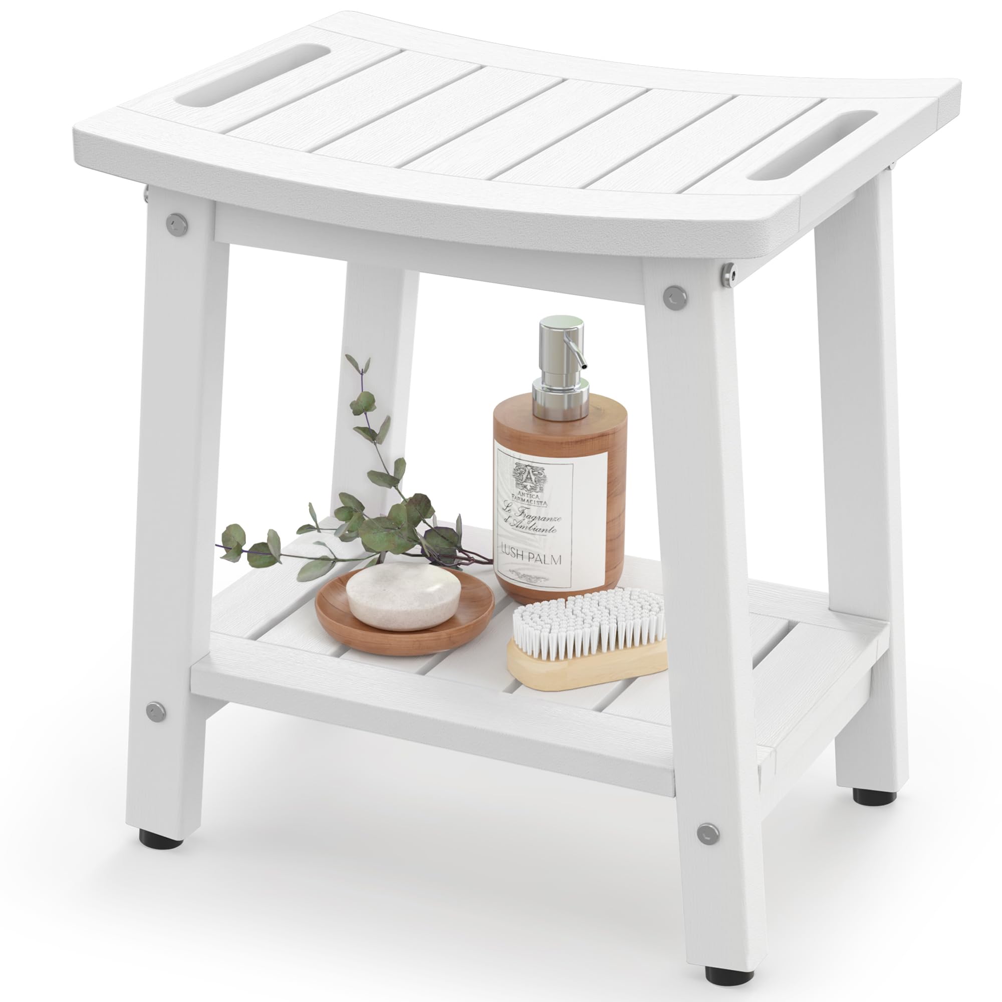 BEKVEM Shower Bench for Inside Shower - White HDPE Shower Stool Waterproof - Spa Bathroom Seat Chair with Handle, Storage Shelf, Adjustable Feet - Indoor/Outdoor, Weather Resistant