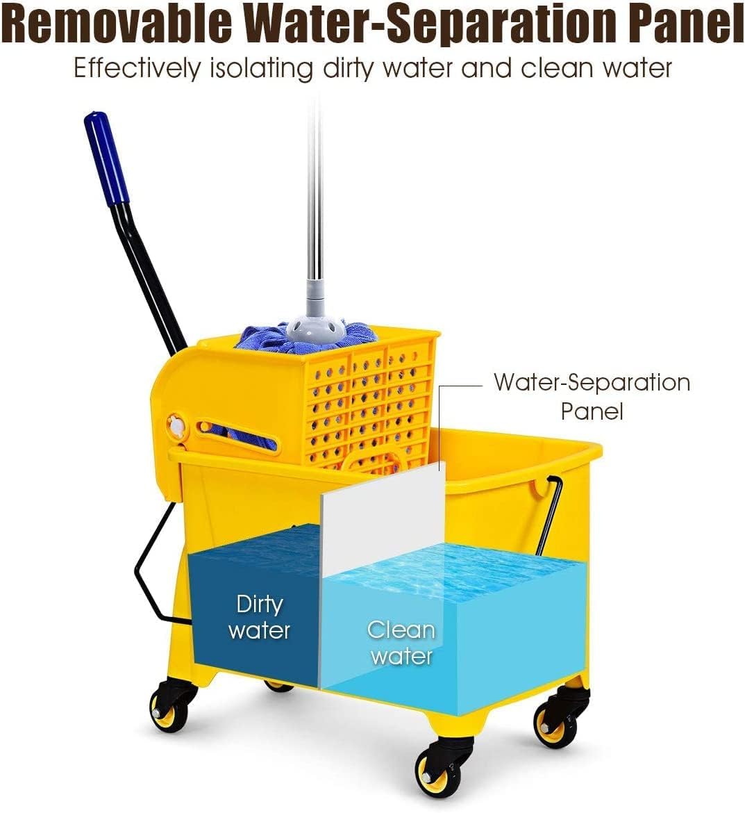 Byroce Commercial Mop Bucket on Wheels, Portable Mop Bucket with Side Press Wringer & Handle, Ideal for Household, Industrial Floor Cleaning, 21 Quar