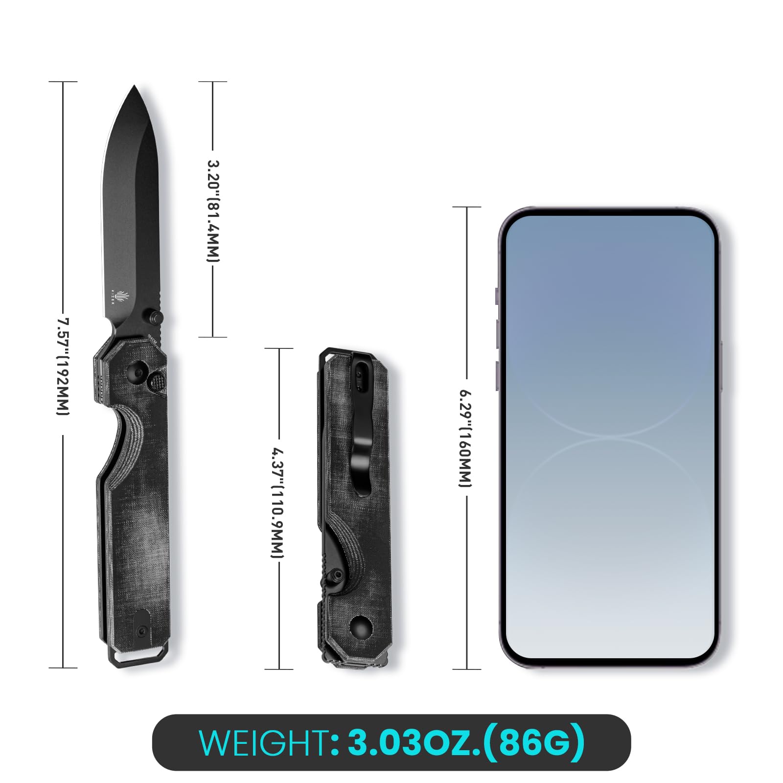 Kizer KUH Pocket Knife, 3.20 In 154CM Steel Blade Folding Pocket Knife Black Micarta Handle Folding Knife with Pocket Clip Small EDC Knife for Men Women Survival Hunting Knife V3649C1