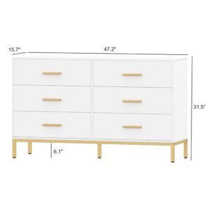 Keehusux 6 Drawer Dresser for Bedroom, Chest of Drawers with Gold Handles and Legs, Modern Dresser with 6 Drawers, Wide TV Dresser for Living Room, Hallway, Closet, White KES001WDG