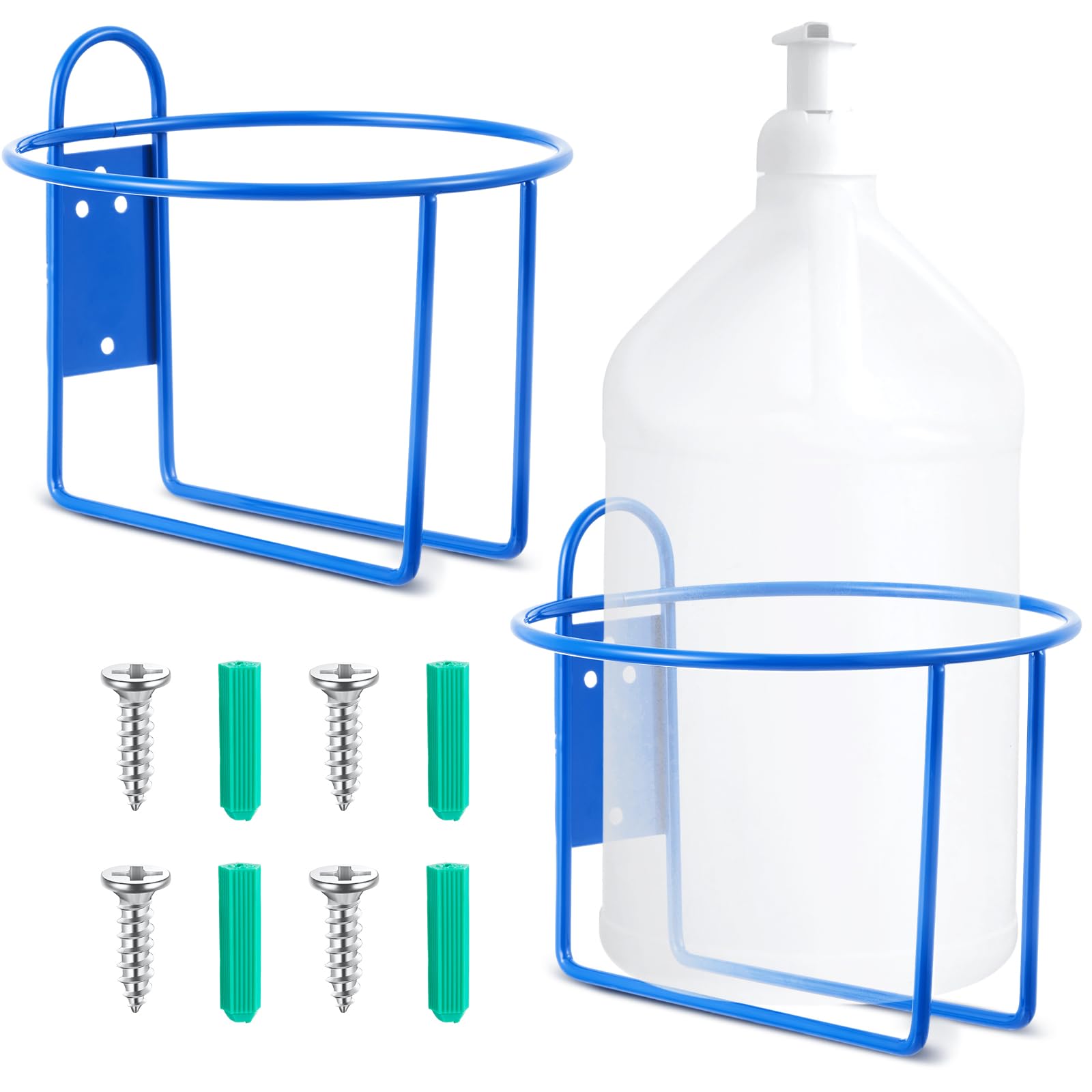 Hicarer 2 Pcs One Gallon Jug Storage Rack Wall Mounted Heavy Duty Steel Wall Rack for 1 Gallon Bottle Round Water Jug Rack Jug Holder with Hardware Hand Sanitizer 6-3/4" W x 5" H x 6-1/2" D (Blue)