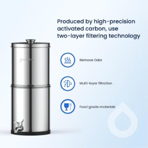 GLACIER FRESH Gravity-fed Water Filter System, Stainless Steel 2.25G Gravity Water Filter with 2 Black Carbon Filters and Metal Spigot, for Home, Camping, and RVing