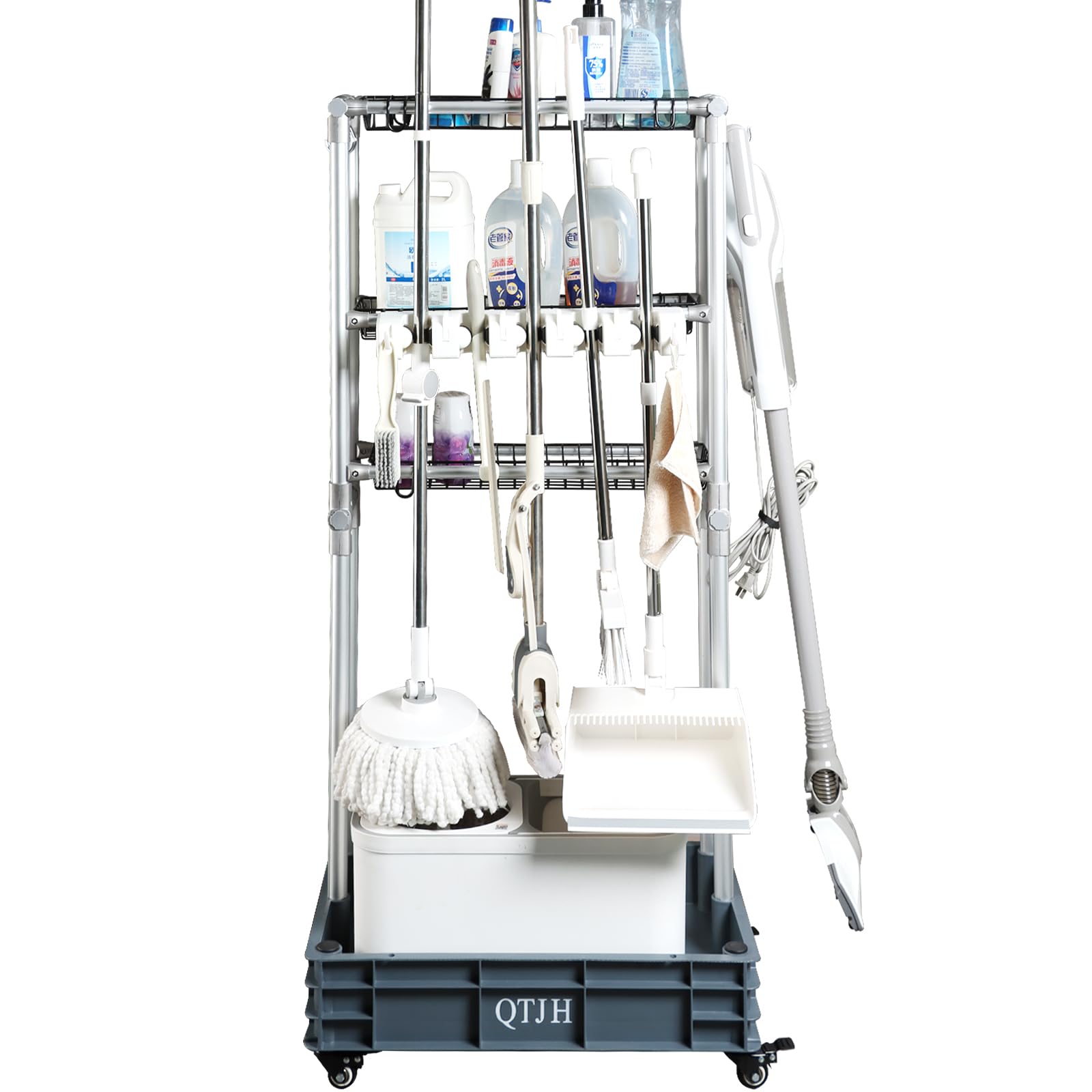 Multi-Layer Mobile Cleaning Tool Storage Rack storage shelf broom mop holder hold your cleaning supplies janitorial cart Steel Organizer Wire Rack