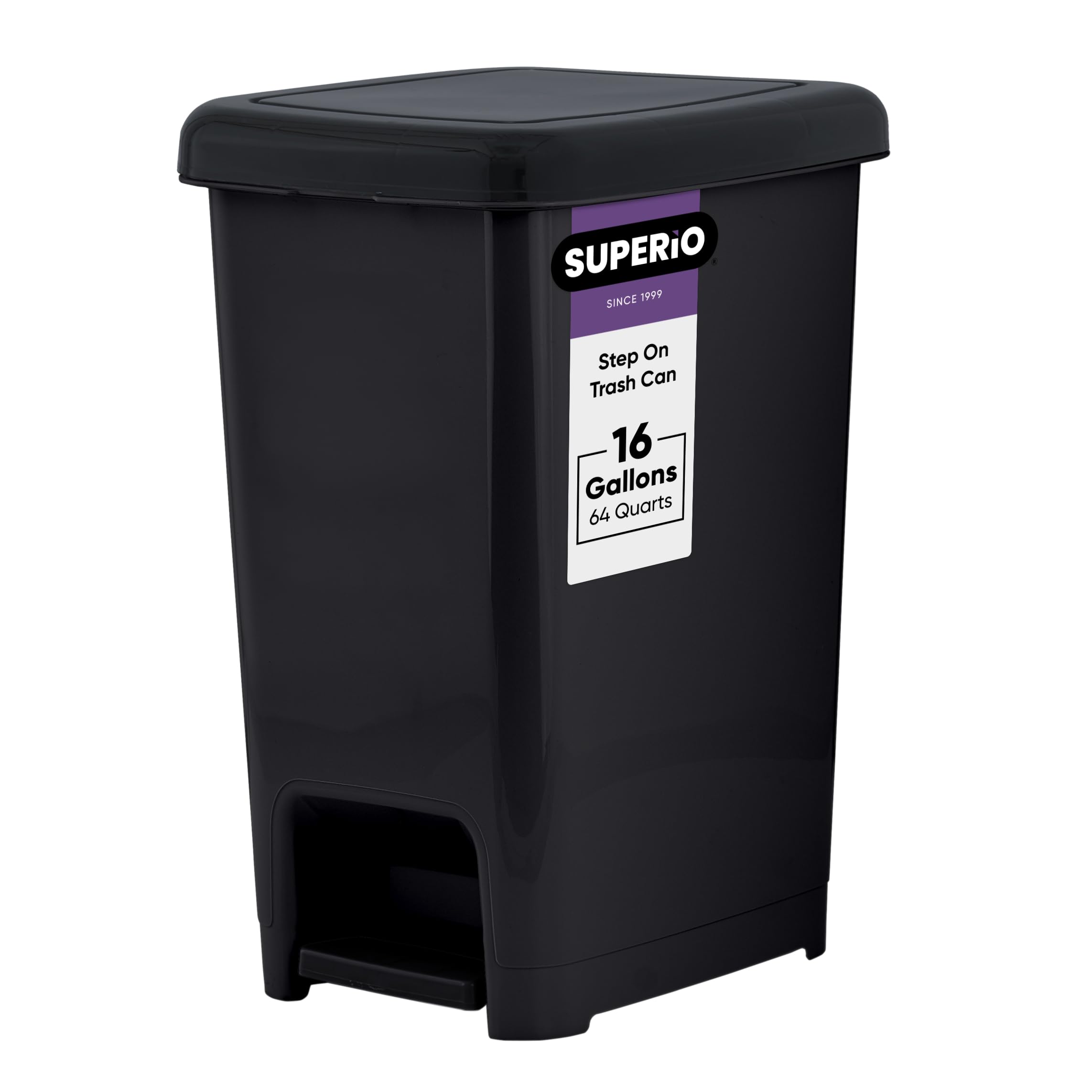 Superio Kitchen Trash Can, Slim Step On Garbage Can with Foot Pedal, 16 Gallon, 64 Qt. Large Black Heavy Duty Plastic Trash and Recycling Bin