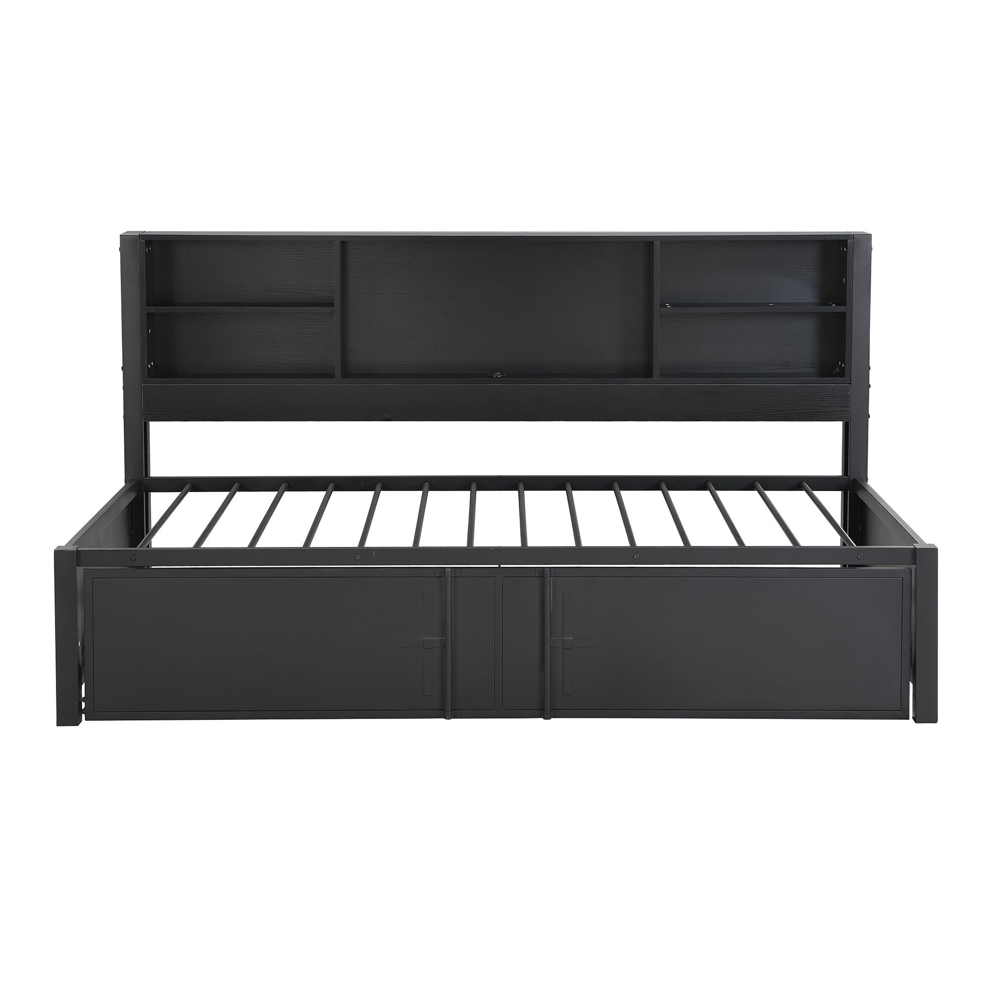 Harper & Bright Designs Twin Captains Bed with Trundle and Storage Headboard, Daybed Twin with USB Charging Port and Metal Frame, Industrial Style Twin Trundle Bed Frame, No Box Spring Needed, Black