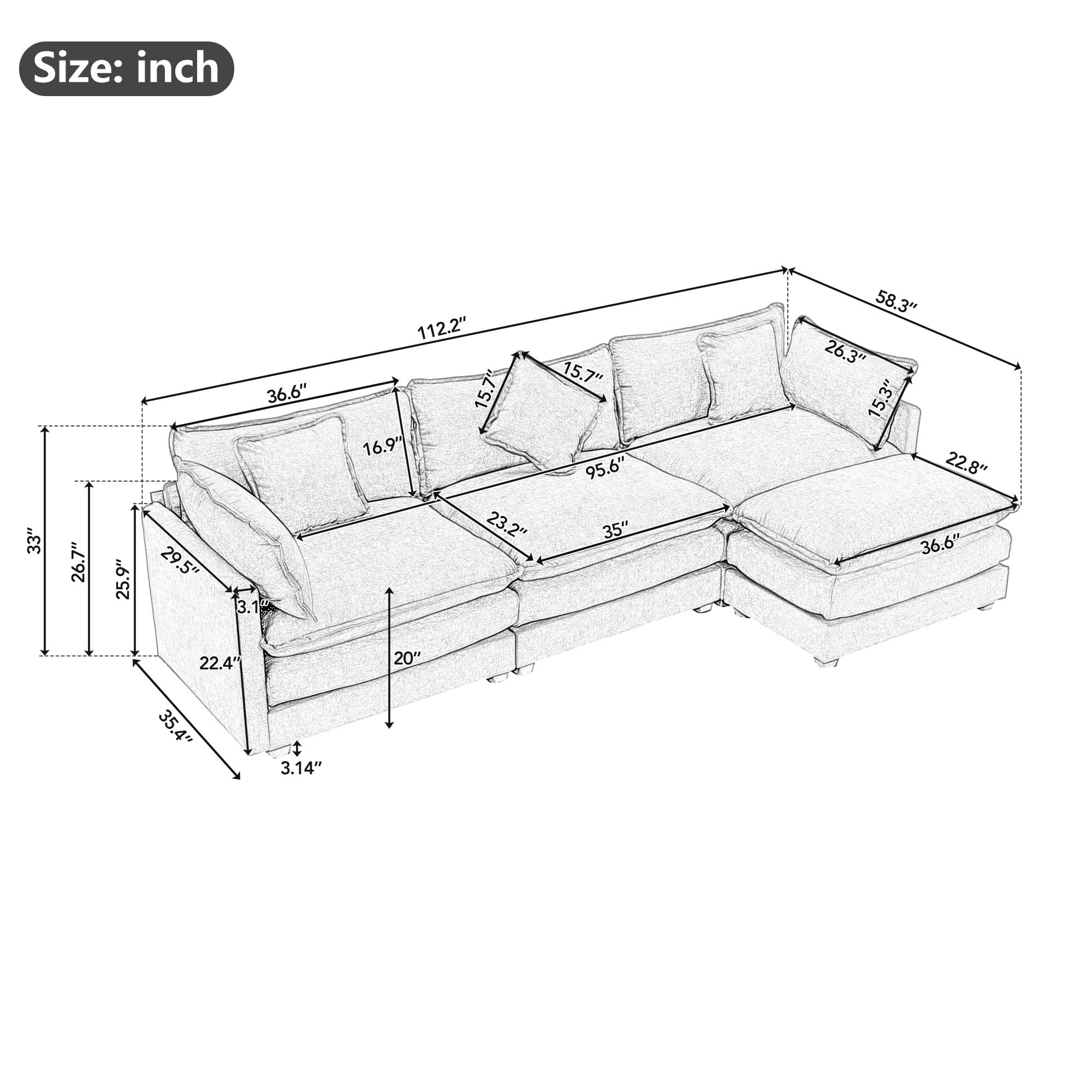 JURMALYN 111.4" Chenille Sectional Sofa Couch Comfy Cloud Sofa Couch L-Shape Upholstered Sofa with Ottoman & Pillows for Living Room Apartment Office, Beige