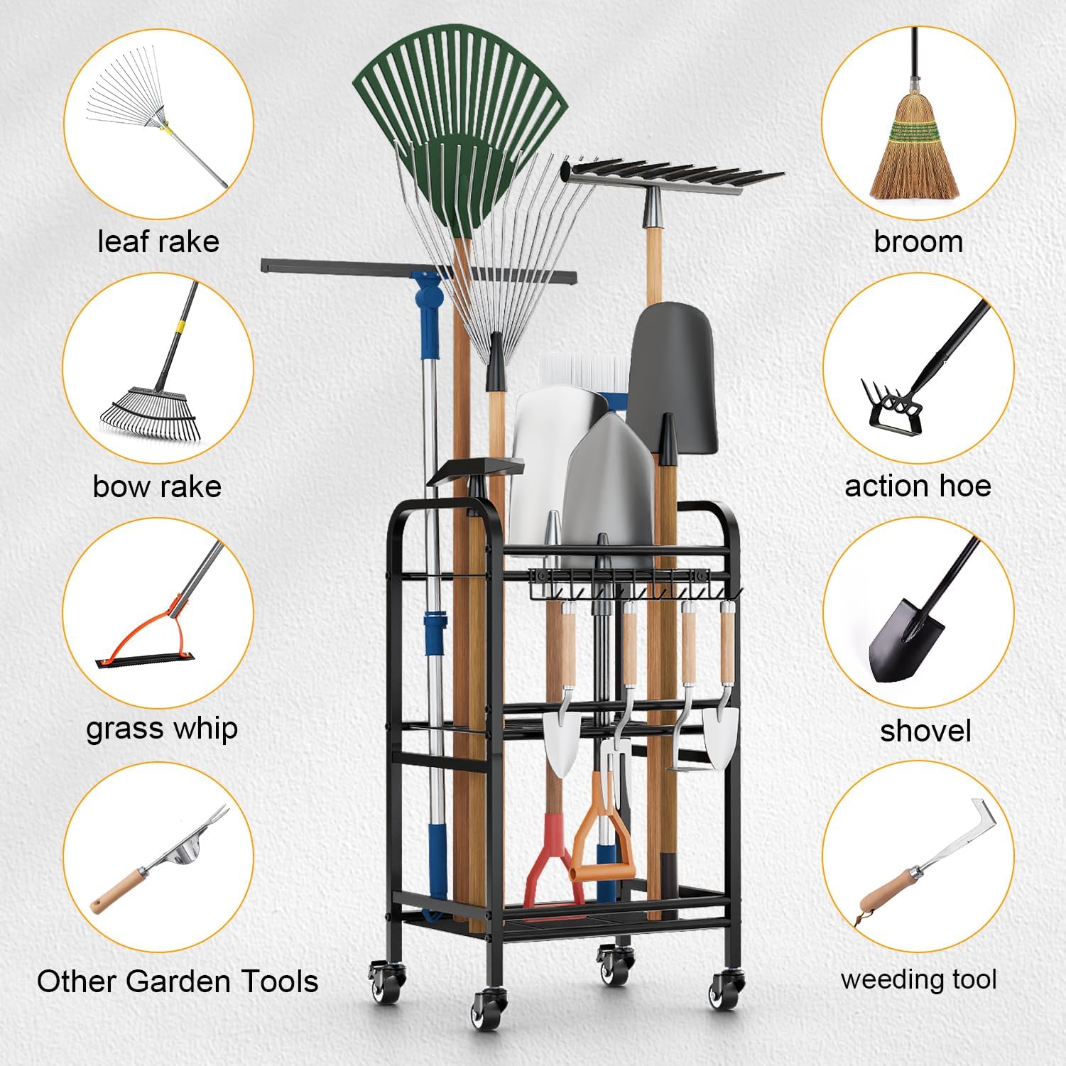 FZK Garden Tool Organizer,Garage Storage,Garden Tool Organizer for Garage,Yard Tool Organizer for Garage,Wheeled Garden Tool Rack,Up to 40 Long-Handled Garden Tool Storage,Garage Tool Organizer