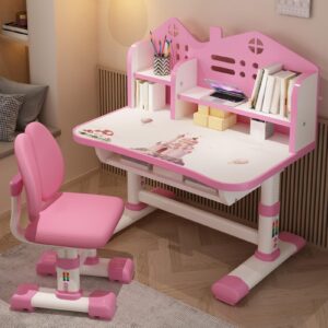 worparsen kids study table,girls pink desk and chair set,height-adjustable student study desk widened desktop cartoon pattern desk chair set with drawer chair set (fast delivery from usa) (pink)