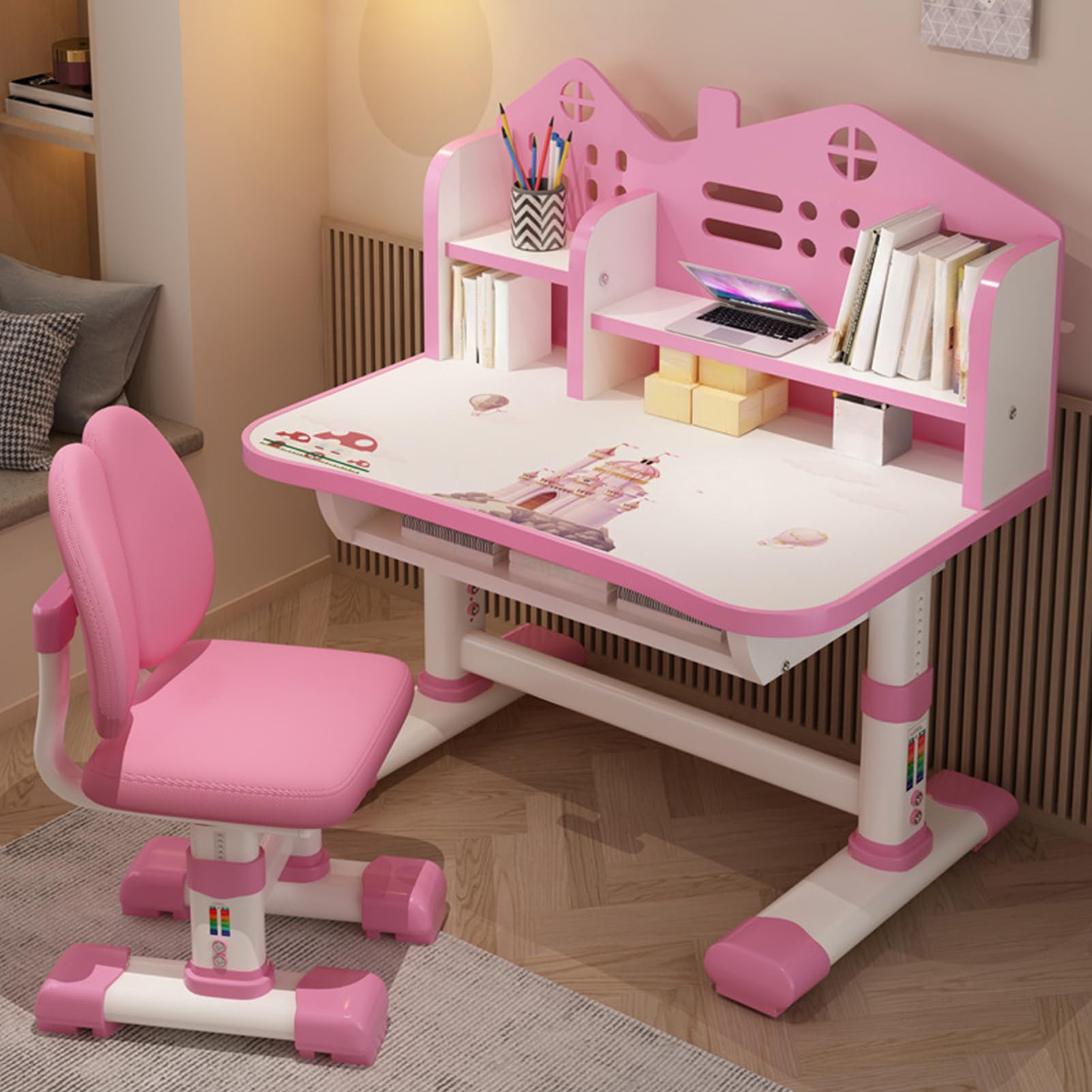 Worparsen Kids Study Table,Girls Pink Desk and Chair Set,Height-Adjustable Student Study Desk Widened Desktop Cartoon Pattern Desk Chair Set with Drawer Chair Set (Fast Delivery from USA) (Pink)