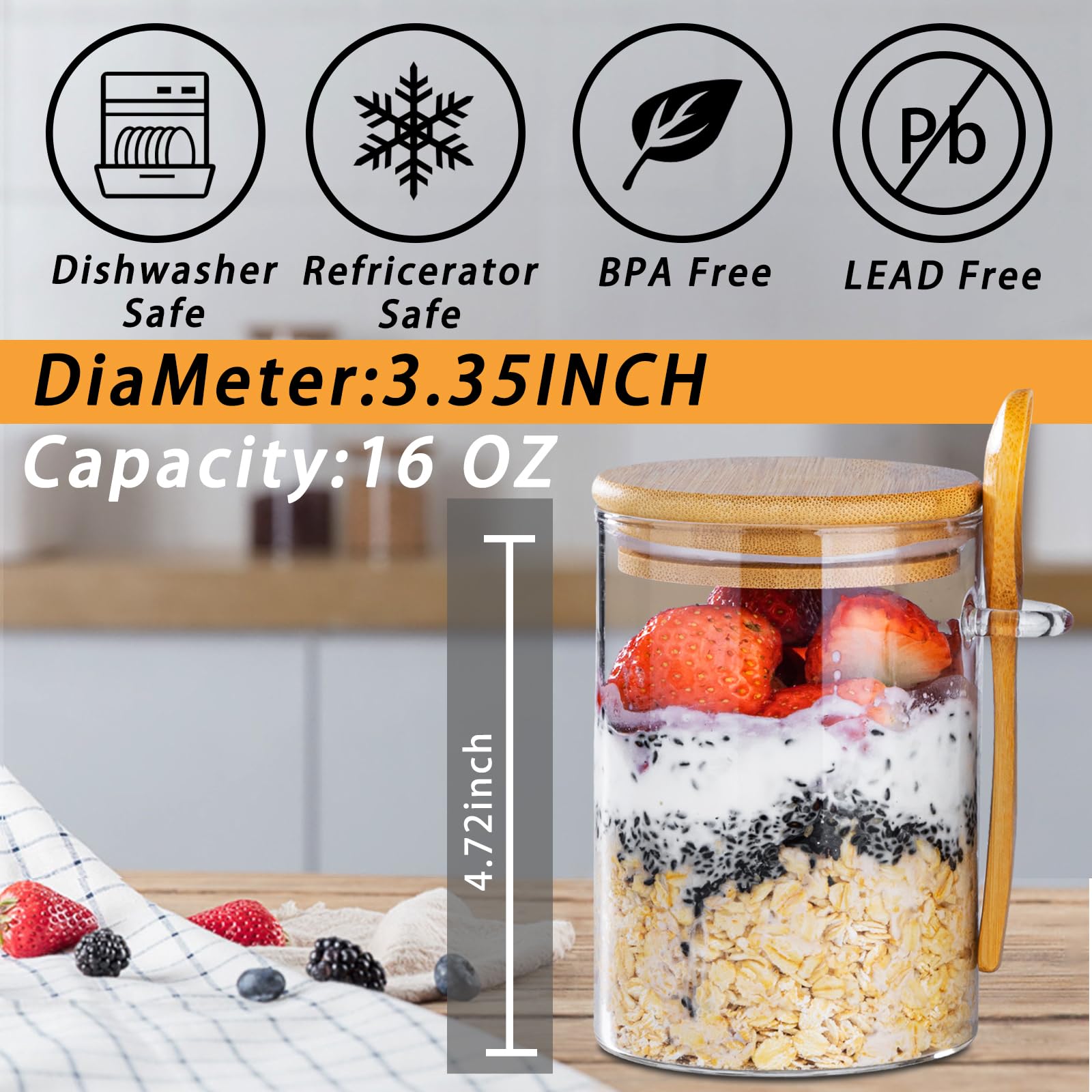 MHDCLY Overnight Oats Containers with Lids,16oz Overnight Oats Jars 4 Pack, Oatmeal Cups,Meal Prep Containers,Glass Meal Prep Containers with Lids,China Pudding Jars