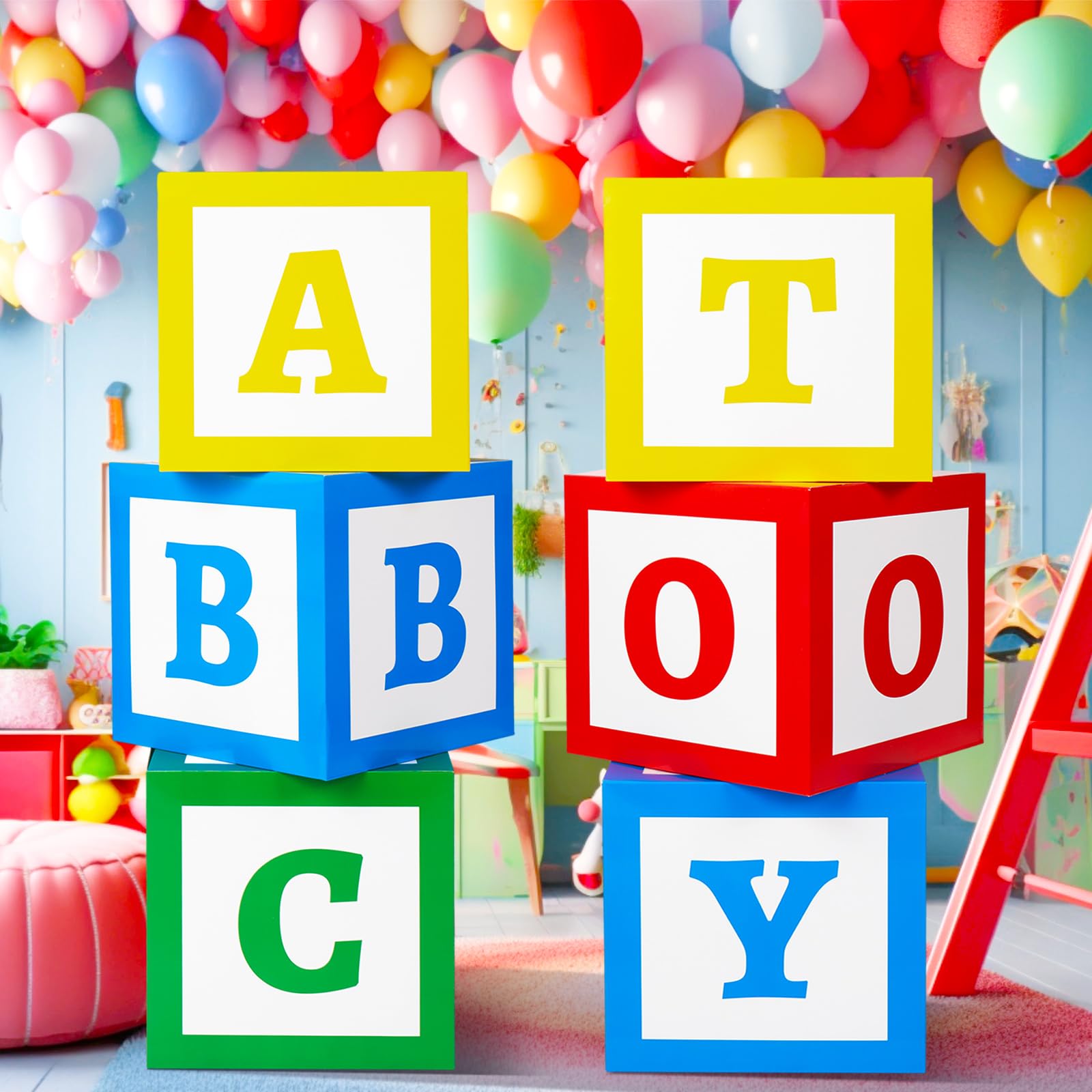 Zhanmai 6 Pcs ABC Friend Street Party Decorations 30 x 30cm Toy Inspire Story Party Supplies ABC Alphabet Balloon Box Graduation Back to School Baby Shower Birthday Party Block for School Celebration