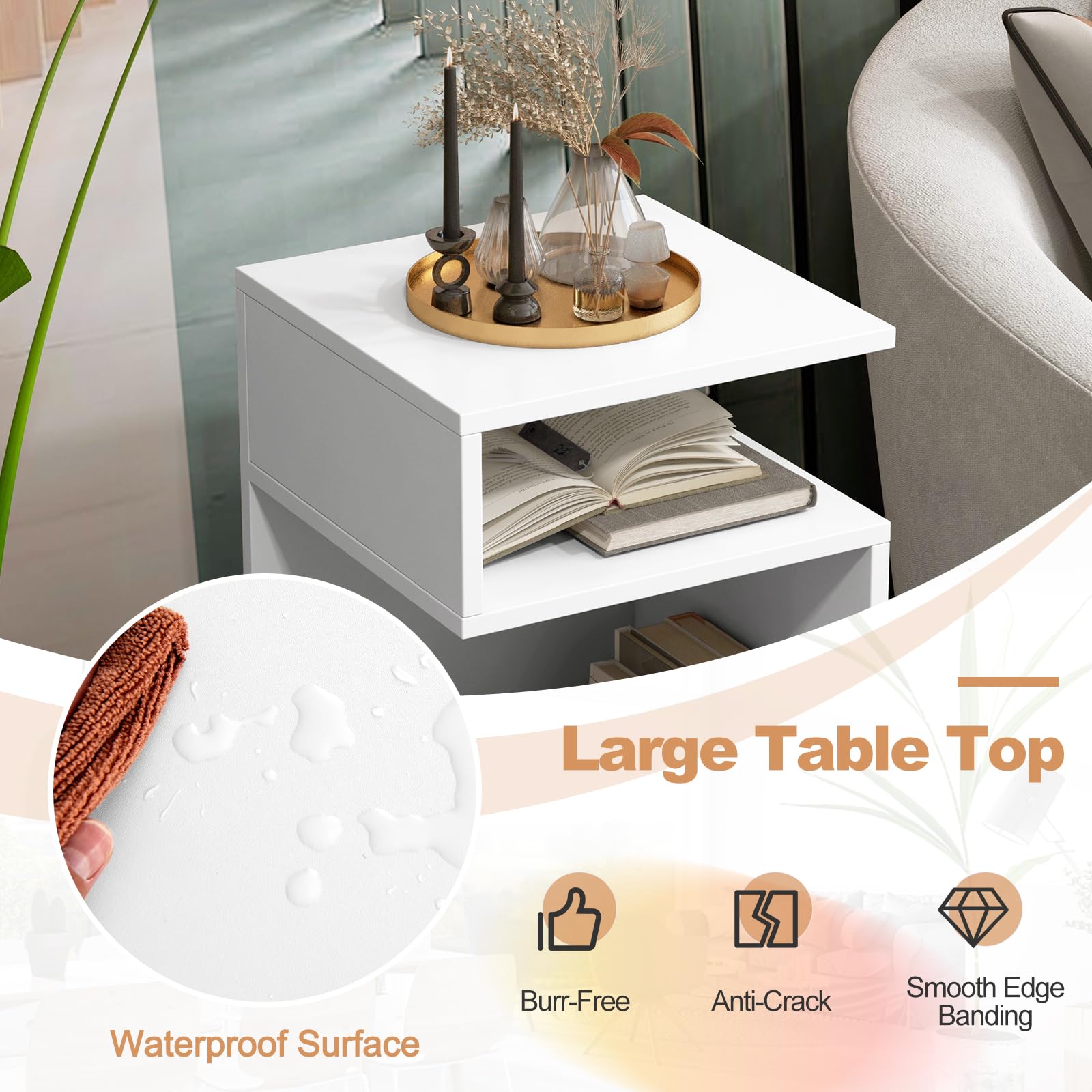 Tangkula S-Shaped Side Table, 3 Tier Wood End Table with Open Storage Shelves, Anti-Slip Foot Pads, Modern Accent Bedside Nightstand, Narrow Side Table for Small Spaces Living Room Bedroom (2, White)