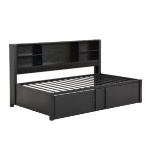 Harper & Bright Designs Twin Captains Bed with Trundle and Storage Headboard, Daybed Twin with USB Charging Port and Metal Frame, Industrial Style Twin Trundle Bed Frame, No Box Spring Needed, Black